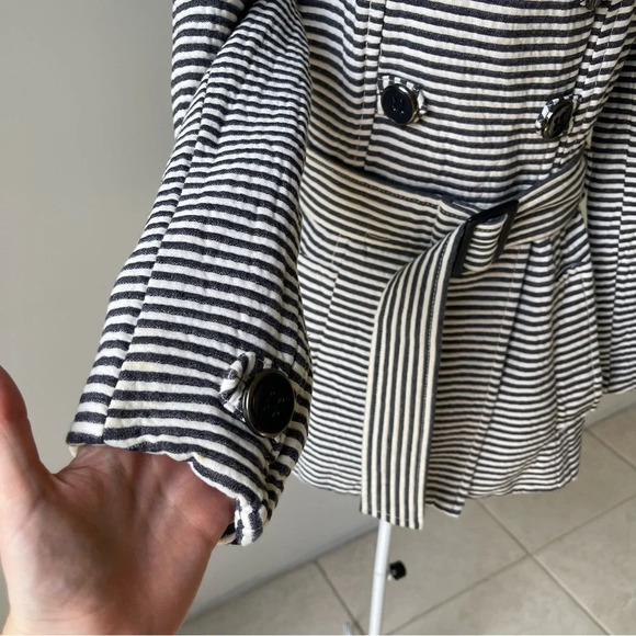 Zara striped Belt Cotton pea Coat Size M white black mock neck pockets - Picture 5 of 11